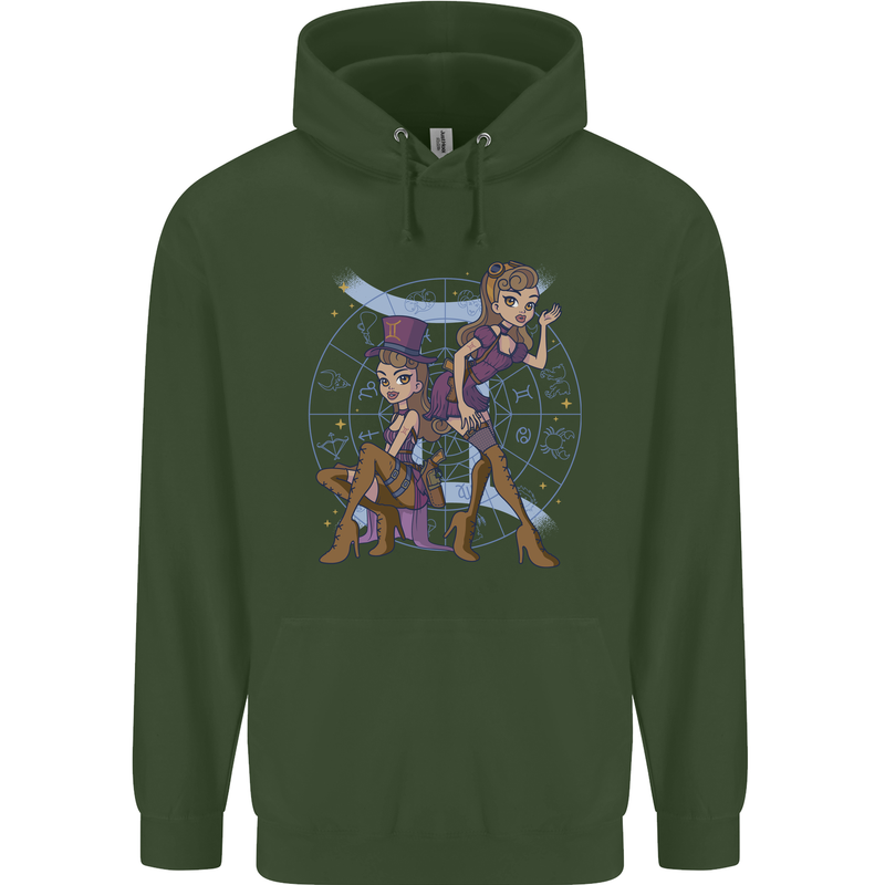 Gemini Star Sign Zodiac Astrological Childrens Kids Hoodie Forest Green