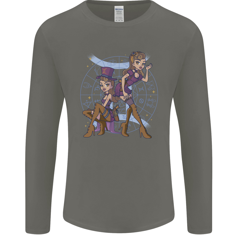 Gemini Star Sign Zodiac Astrological Mens Long Sleeve T-Shirt Charcoal