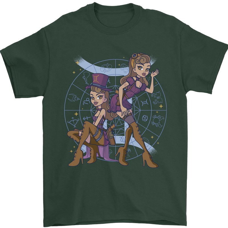Gemini Star Sign Zodiac Astrological Mens T-Shirt 100% Cotton Forest Green