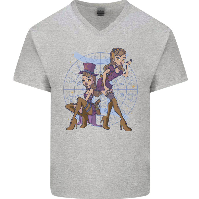 Gemini Star Sign Zodiac Astrological Mens V-Neck Cotton T-Shirt Sports Grey