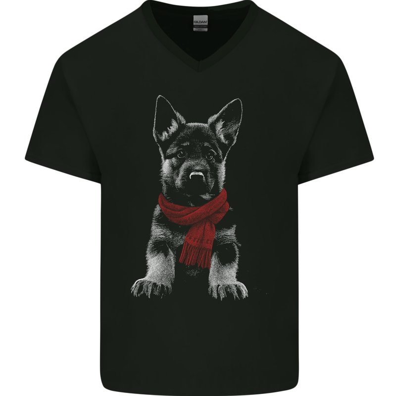German Shepherd Puppy in a Scarf Mens V-Neck Cotton T-Shirt Black