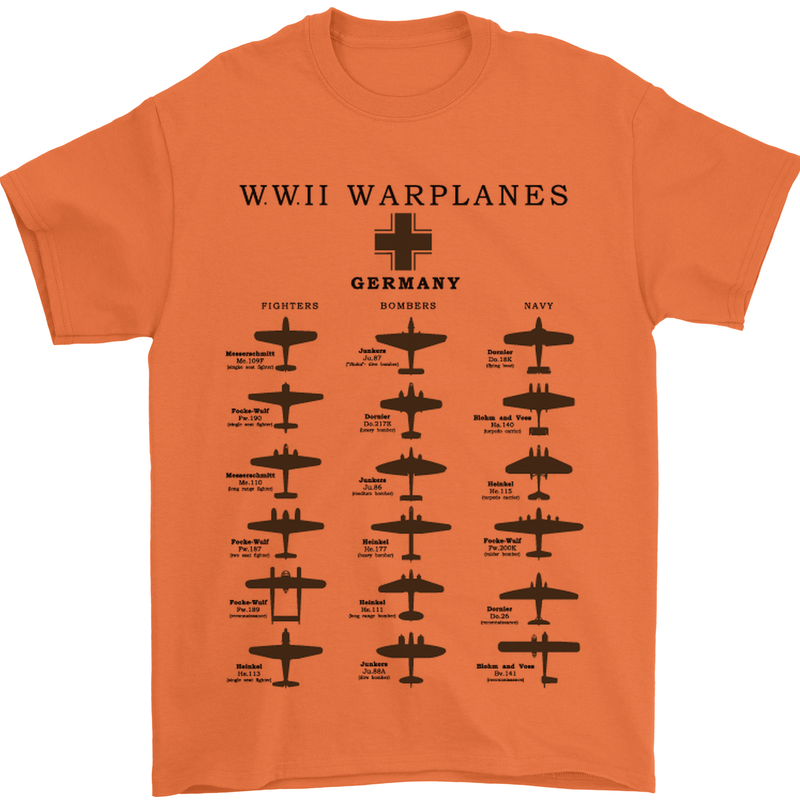 German War Planes WWII Fighters Aircraft Mens T-Shirt Cotton Gildan Orange