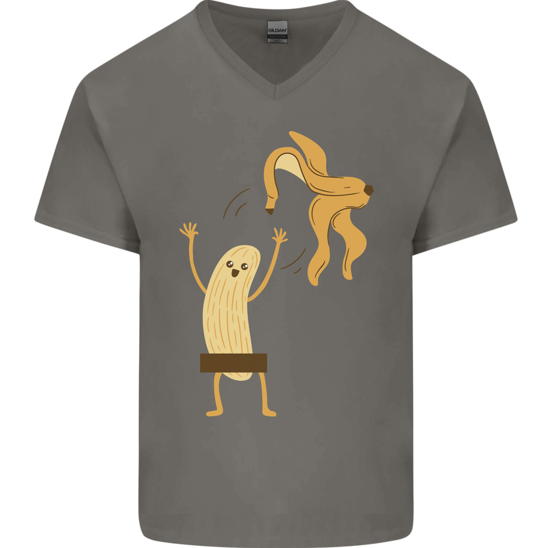 Get Naked Censored Banana Funny Mens V-Neck Cotton T-Shirt Charcoal