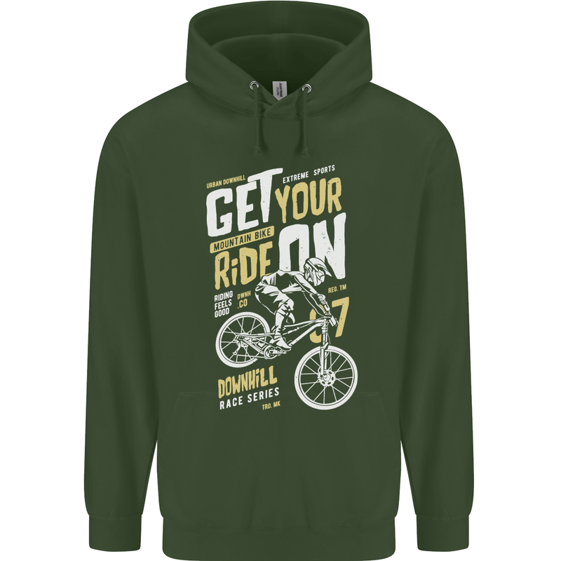 Get Your Ride on Downhill Mountain Biking Mens 80% Cotton Hoodie Forest Green
