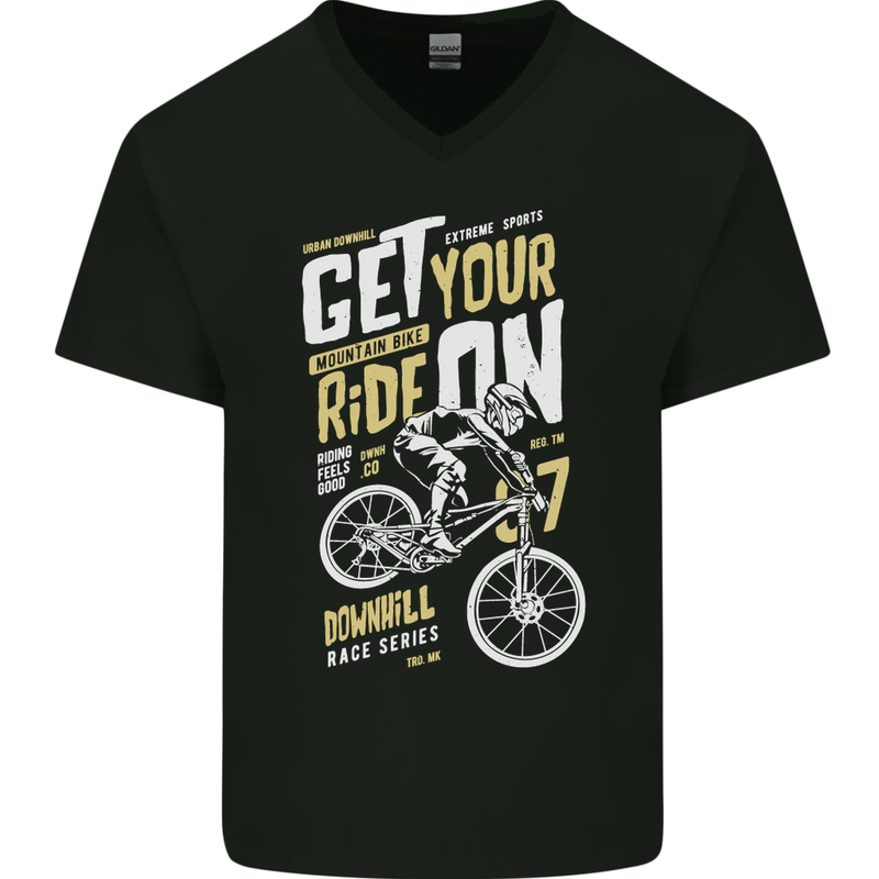 Get Your Ride on Downhill Mountain Biking Mens V-Neck Cotton T-Shirt Black