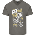 Get Your Ride on Downhill Mountain Biking Mens V-Neck Cotton T-Shirt Charcoal