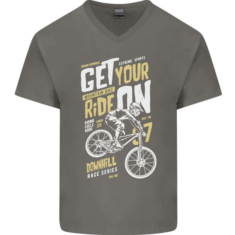 Get Your Ride on Downhill Mountain Biking Mens V-Neck Cotton T-Shirt Charcoal