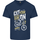 Get Your Ride on Downhill Mountain Biking Mens V-Neck Cotton T-Shirt Navy Blue