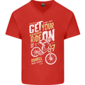 Get Your Ride on Downhill Mountain Biking Mens V-Neck Cotton T-Shirt Red