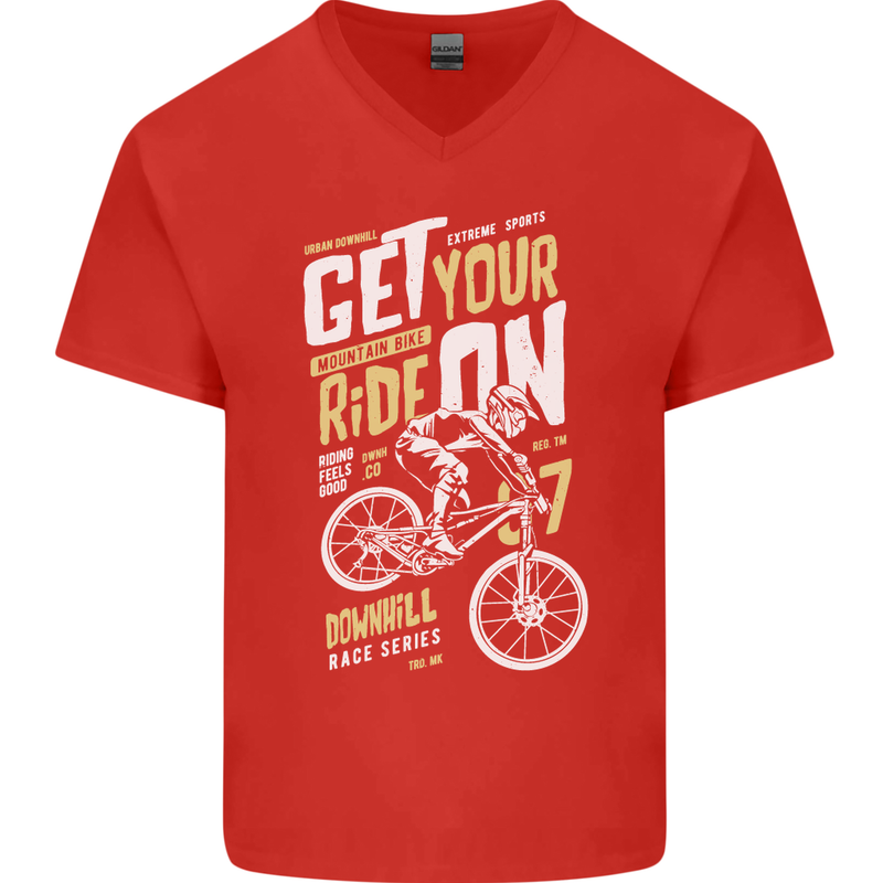 Get Your Ride on Downhill Mountain Biking Mens V-Neck Cotton T-Shirt Red