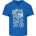 Get Your Ride on Downhill Mountain Biking Mens V-Neck Cotton T-Shirt Royal Blue