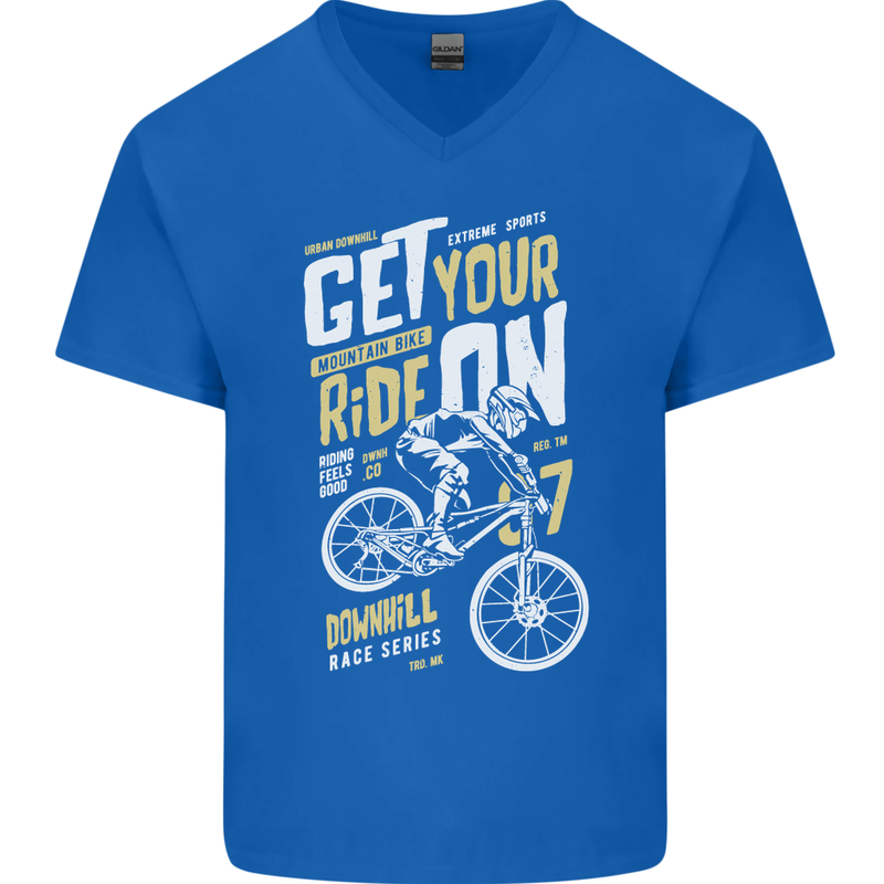 Get Your Ride on Downhill Mountain Biking Mens V-Neck Cotton T-Shirt Royal Blue