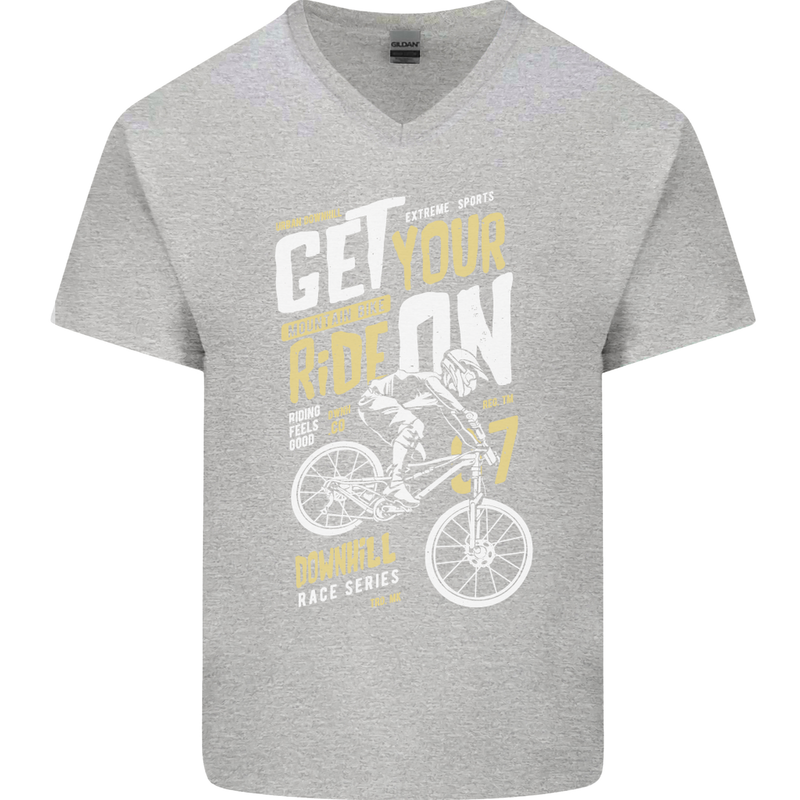 Get Your Ride on Downhill Mountain Biking Mens V-Neck Cotton T-Shirt Sports Grey