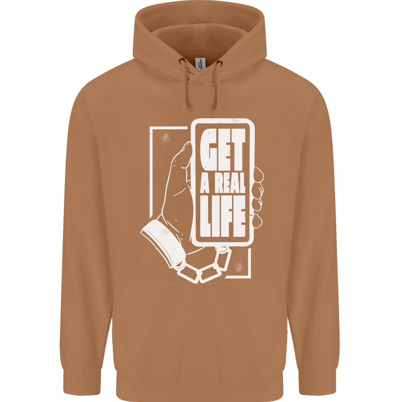 Get a Real Life Antisocial Phone Addict Mens 80% Cotton Hoodie Caramel Latte