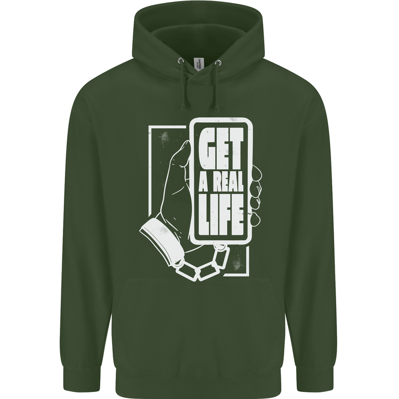 Get a Real Life Antisocial Phone Addict Mens 80% Cotton Hoodie Forest Green