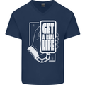 Get a Real Life Antisocial Phone Addict Mens V-Neck Cotton T-Shirt Navy Blue
