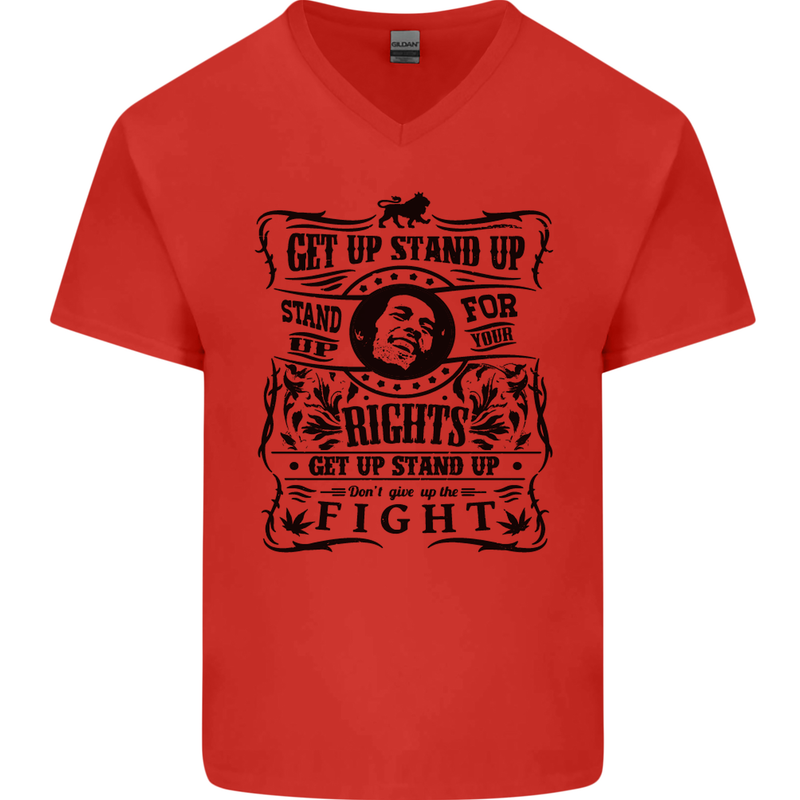 Get up Stand up Reggae Music Mens V-Neck Cotton T-Shirt Red