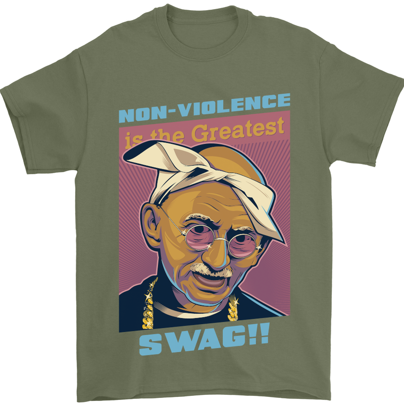 Ghandi Parody Gangsta Rap Music Hip Hop Mens T-Shirt Cotton Gildan Military Green