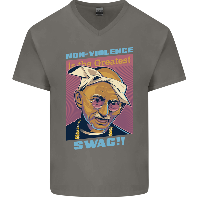 Ghandi Parody Gangsta Rap Music Hip Hop Mens V-Neck Cotton T-Shirt Charcoal