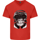 Ghetto Blaster Skull Mens V-Neck Cotton T-Shirt Red
