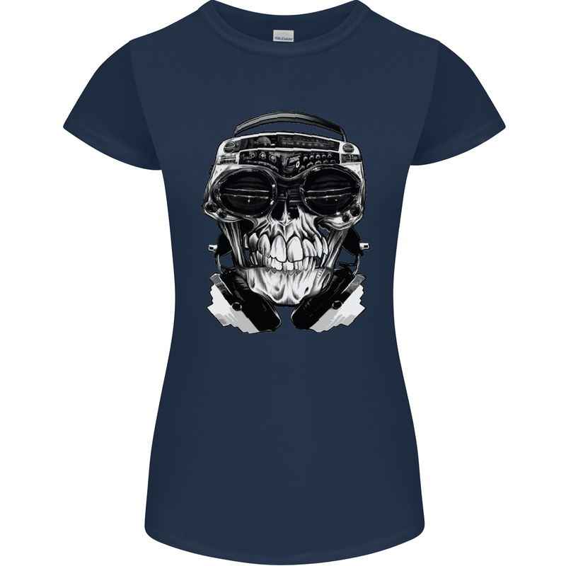 Ghetto Blaster Skull Womens Petite Cut T-Shirt Navy Blue