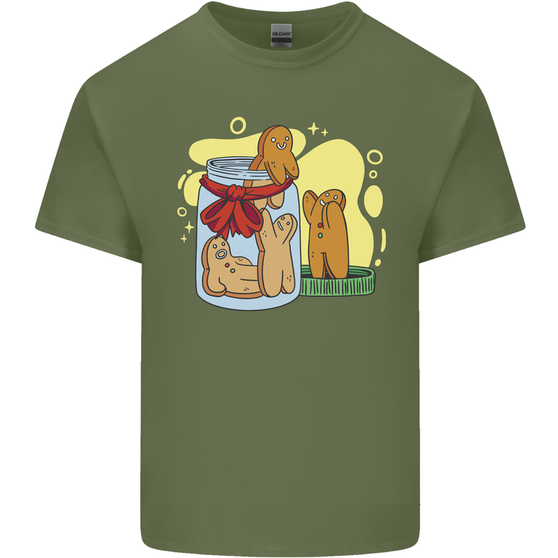 Gingerbread Man Escape Funny Food Mens Cotton T-Shirt Tee Top Military Green
