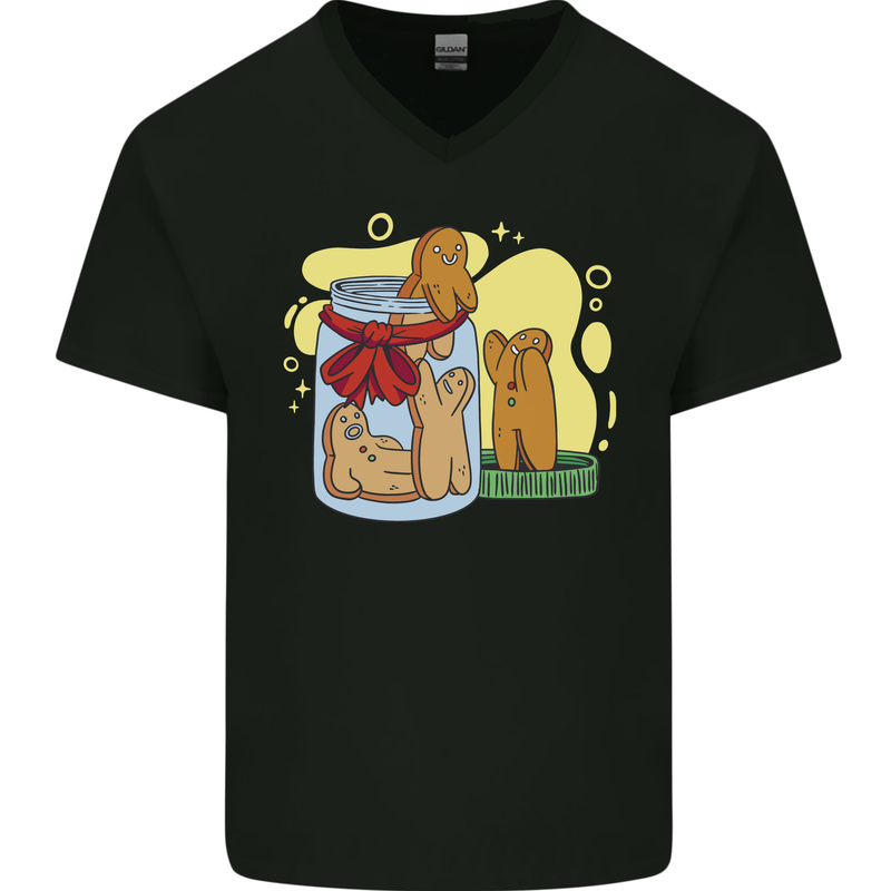 Gingerbread Man Escape Funny Food Mens V-Neck Cotton T-Shirt Black