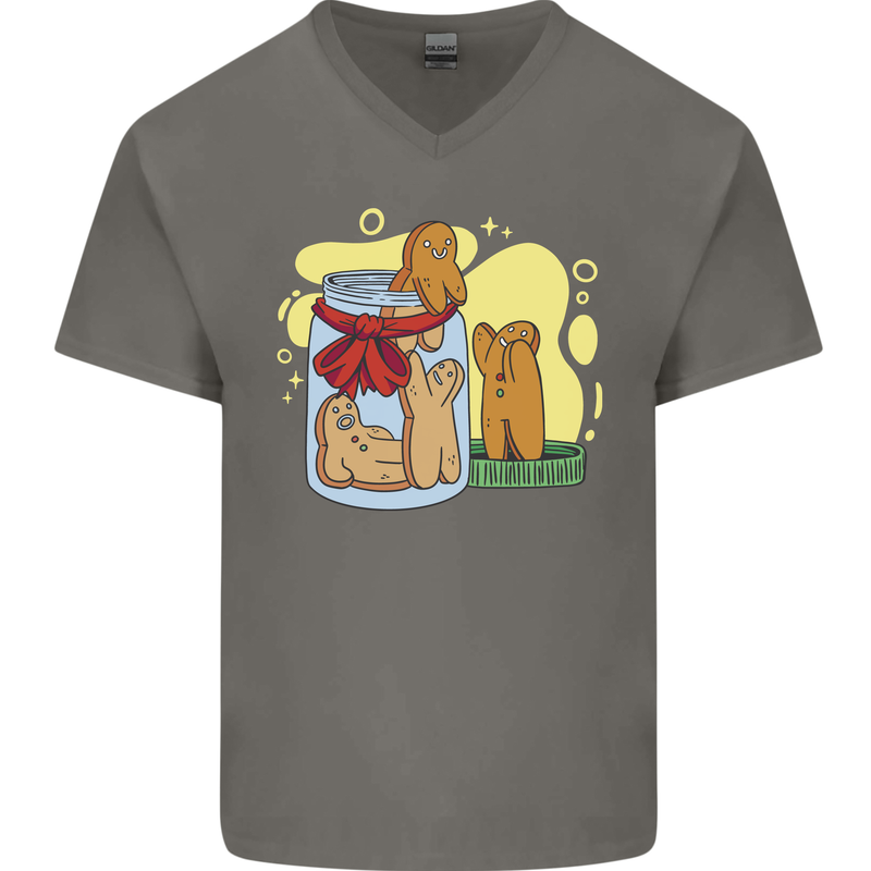 Gingerbread Man Escape Funny Food Mens V-Neck Cotton T-Shirt Charcoal