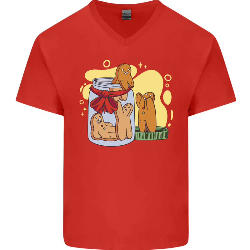 Gingerbread Man Escape Funny Food Mens V-Neck Cotton T-Shirt Red