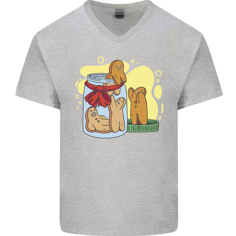 Gingerbread Man Escape Funny Food Mens V-Neck Cotton T-Shirt Sports Grey