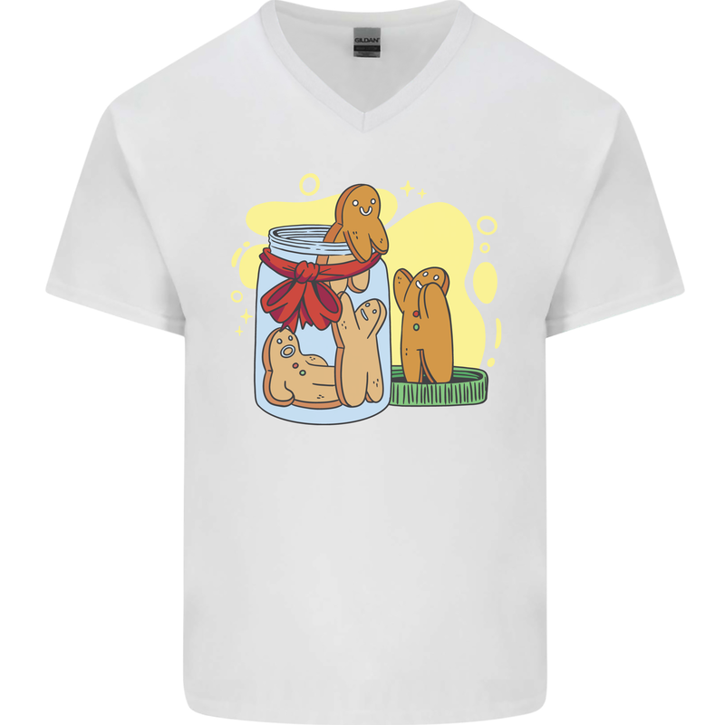 Gingerbread Man Escape Funny Food Mens V-Neck Cotton T-Shirt White