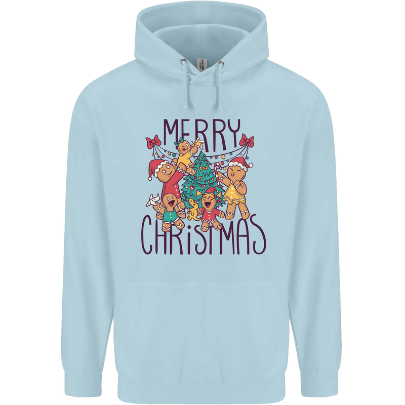 Gingerbread Man Merry Christmas Childrens Kids Hoodie Light Blue