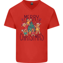 Gingerbread Man Merry Christmas Mens V-Neck Cotton T-Shirt Red