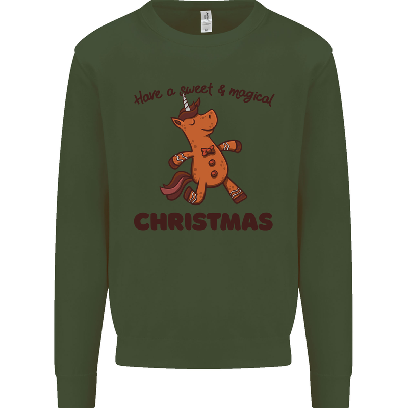 Gingerbread Man Unicorn Christmas Kids Sweatshirt Jumper Forest Green