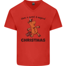 Gingerbread Man Unicorn Christmas Mens V-Neck Cotton T-Shirt Red