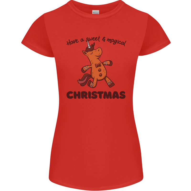 Gingerbread Man Unicorn Christmas Womens Petite Cut T-Shirt Red
