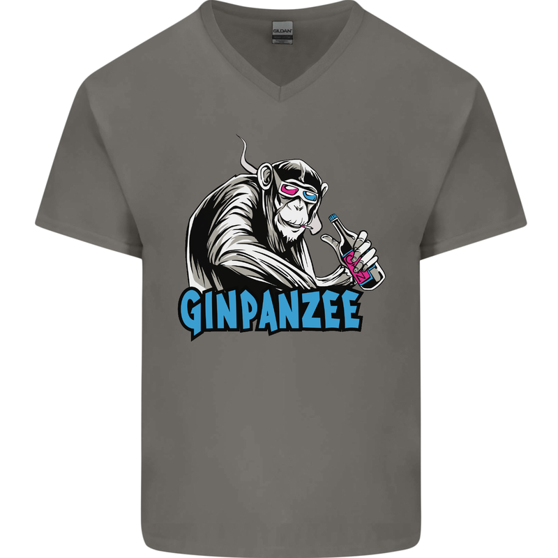 Ginpanzee Funny Gin Drinker Monkey Alcohol Mens V-Neck Cotton T-Shirt Charcoal
