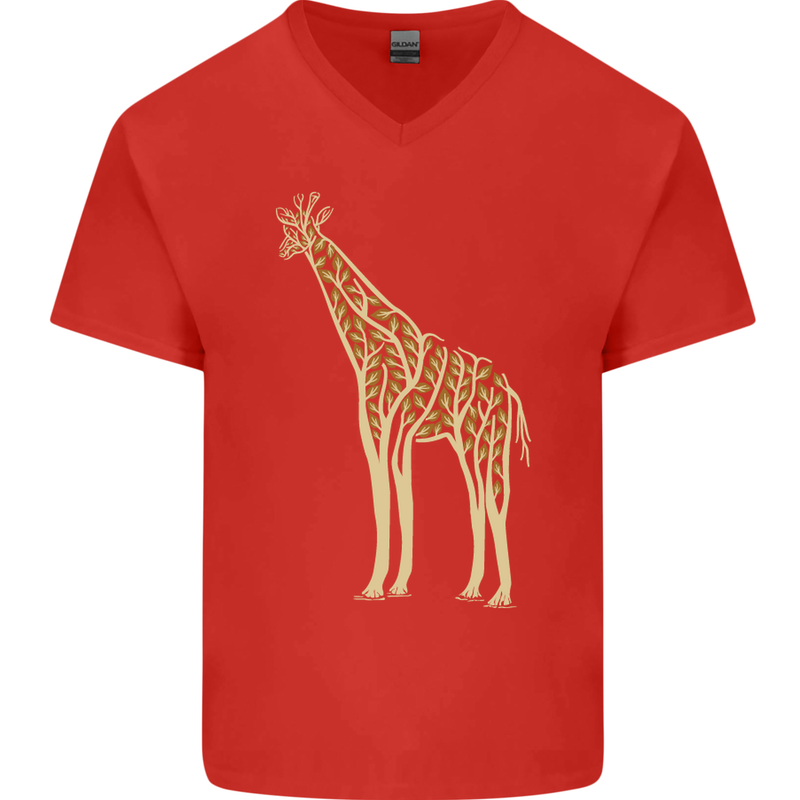 Giraffe Ecology Mens V-Neck Cotton T-Shirt Red