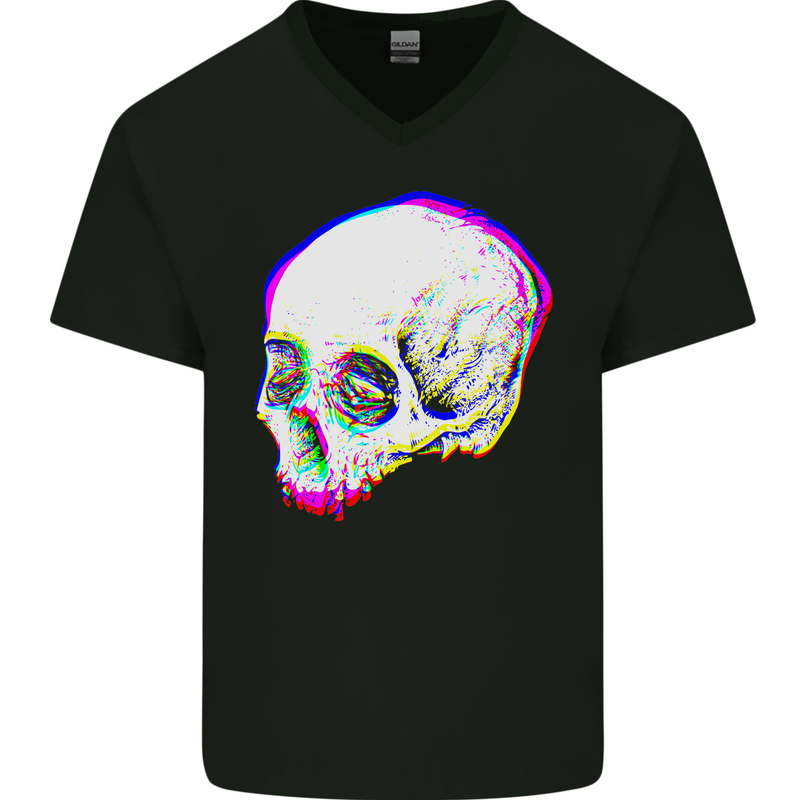 Glitch Skull Gothic Biker Heavy Metal Rock Mens V-Neck Cotton T-Shirt Black