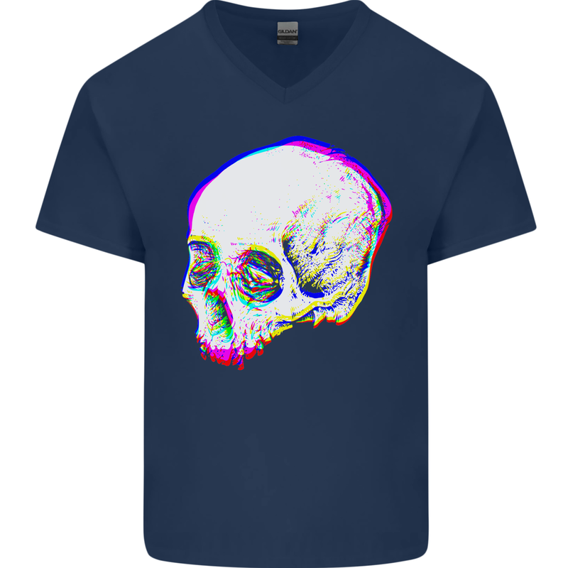 Glitch Skull Gothic Biker Heavy Metal Rock Mens V-Neck Cotton T-Shirt Navy Blue