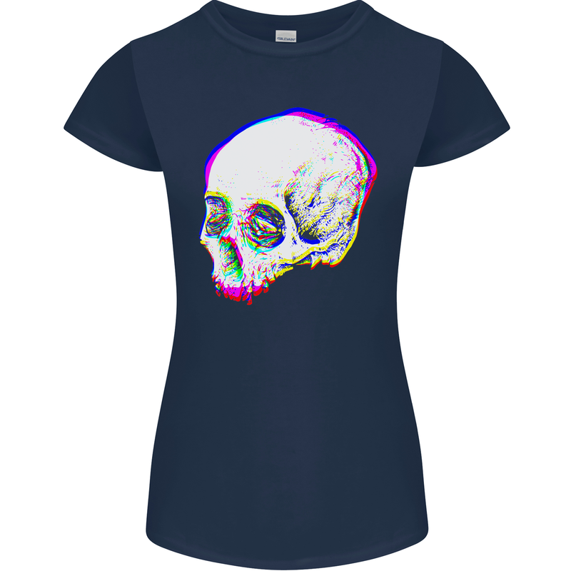 Glitch Skull Gothic Biker Heavy Metal Rock Womens Petite Cut T-Shirt Navy Blue