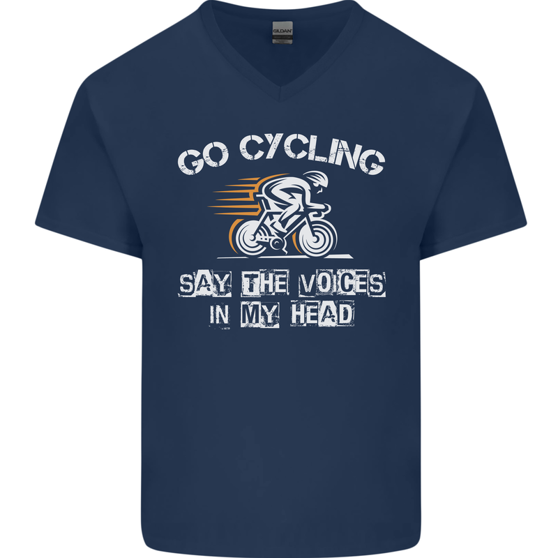 Go Cycling Say Voices in My Head Cyclist Mens V-Neck Cotton T-Shirt Navy Blue