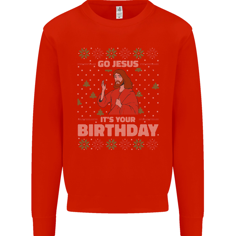 Go Jesus It's Your Birthday Funny Christmas Kids Sweatshirt Jumper Bright Red