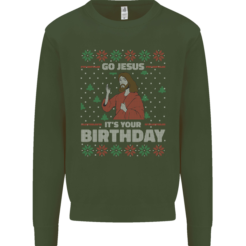 Go Jesus It's Your Birthday Funny Christmas Kids Sweatshirt Jumper Forest Green