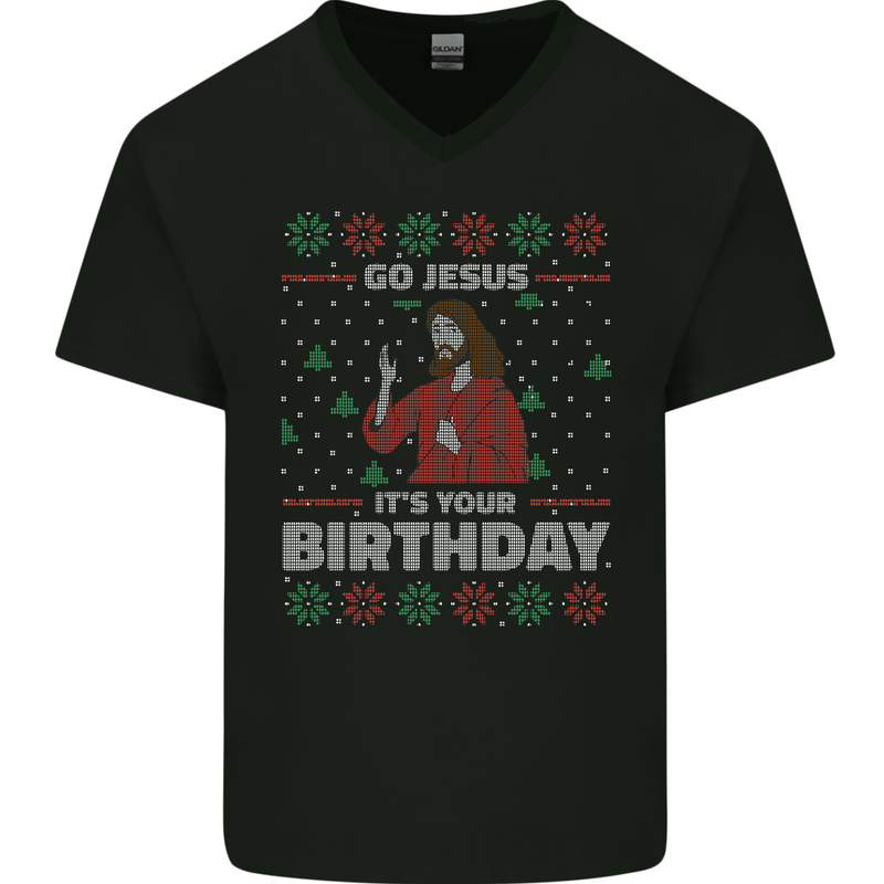Go Jesus It's Your Birthday Funny Christmas Mens V-Neck Cotton T-Shirt Black
