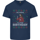 Go Jesus It's Your Birthday Funny Christmas Mens V-Neck Cotton T-Shirt Navy Blue