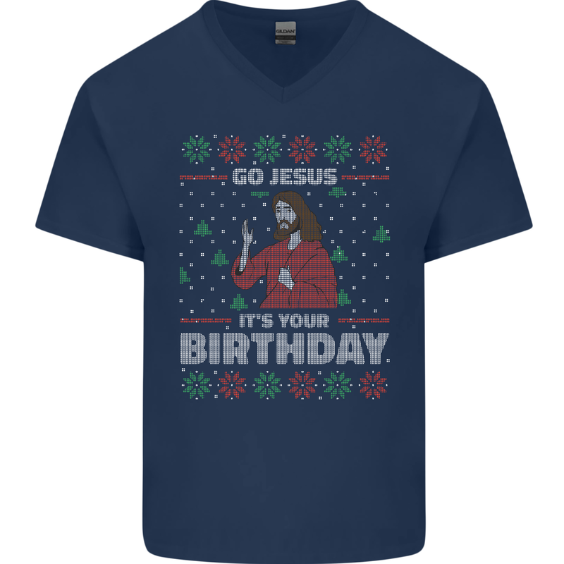 Go Jesus It's Your Birthday Funny Christmas Mens V-Neck Cotton T-Shirt Navy Blue