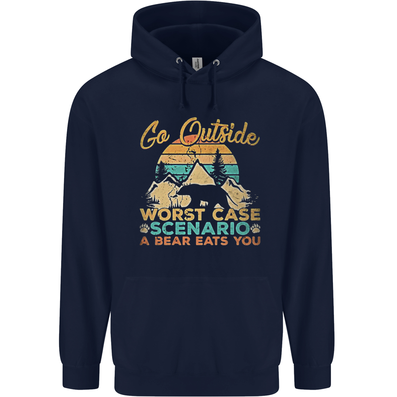 Go Outside Funny Camping Hiking Trekking Childrens Kids Hoodie Navy Blue