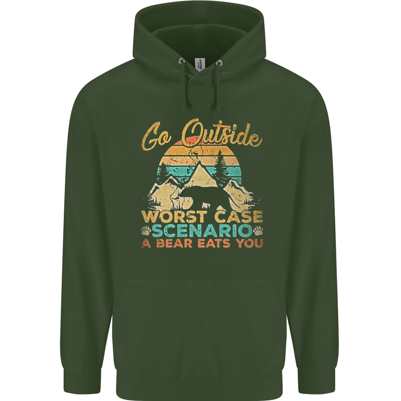 Go Outside Funny Camping Hiking Trekking Mens 80% Cotton Hoodie Forest Green