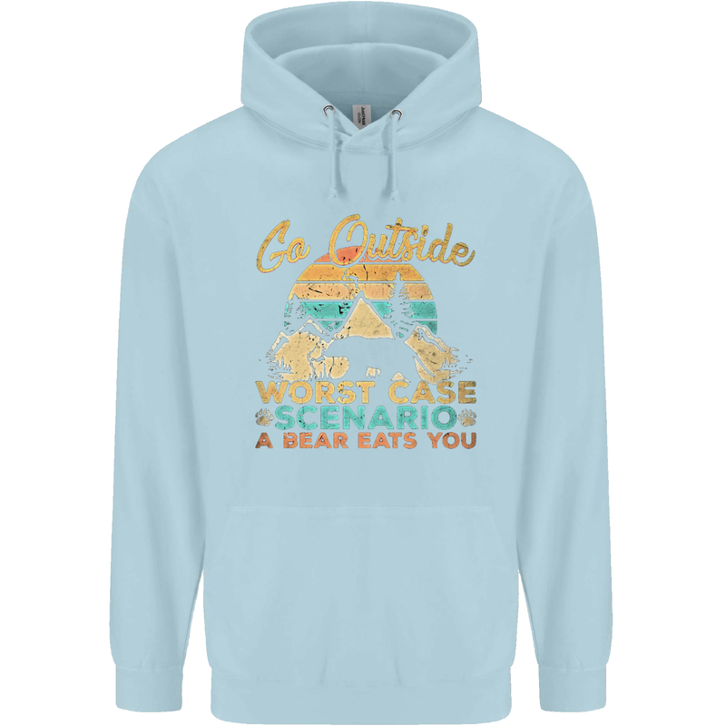 Go Outside Funny Camping Hiking Trekking Mens 80% Cotton Hoodie Light Blue